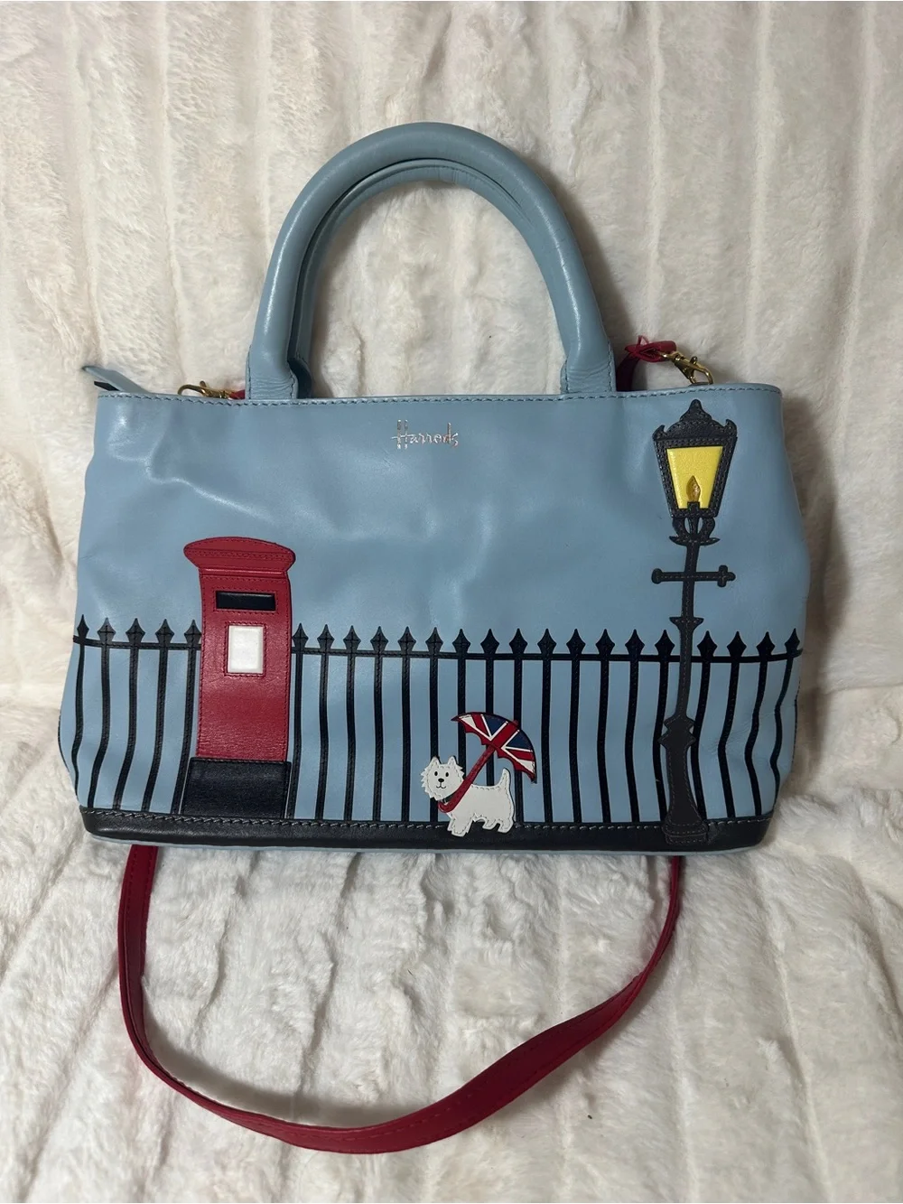 Harrods Light Blue Satchel with Red Strap and London Motif
